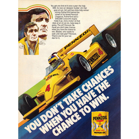 Vintage 1980 Print Ad for Pennzoil Multi Vis Oil Racing