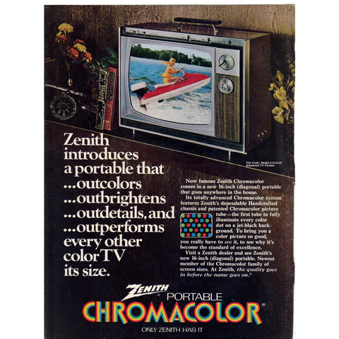 Vintage 1971 Zenith Chromacolor TV and Dacron Slacks from Penneys Print Ad