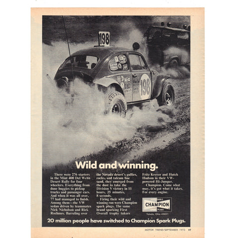 Vintage 1972 Champion Spark Plugs Print Ad - Wall Art