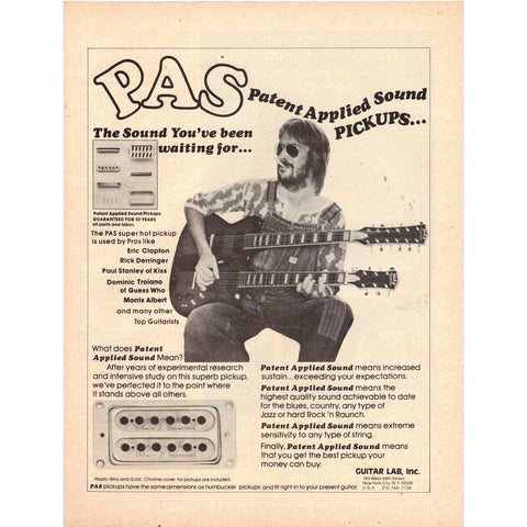 Vintage 1977 Print Ad for PAS Guitar Pickups