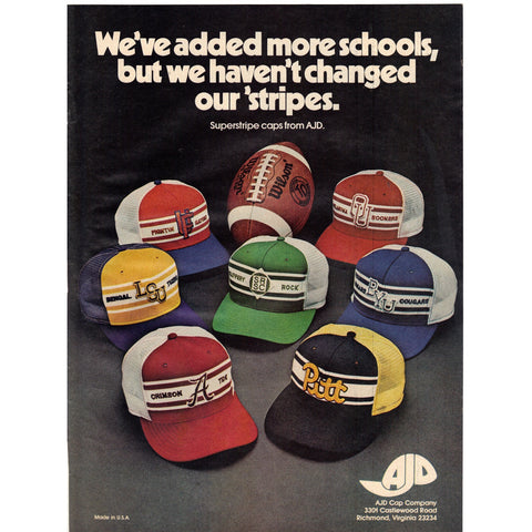 Vintage 1977 Print Ad for AJD Caps and Sunbacker Shoes