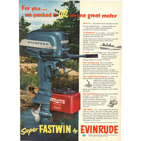 Vintage 1952 Print Ad for Super Fastwin by Evinrude Outboard Motor and Blatz Beer