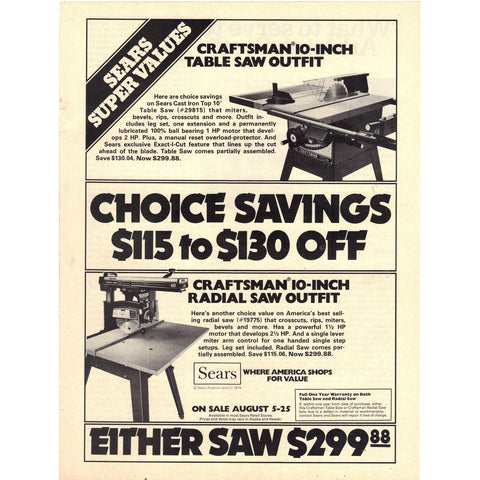 Vintage 1979 Print Ad for Sears Craftsman Saws