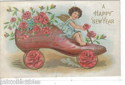 A Happy New Year-Angel Driving Shoe Car of Flowers 1908 - Cakcollectibles - 1