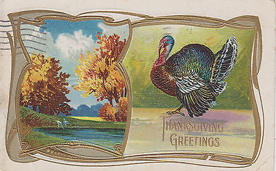 Autumn Scene Thanksgiving Greetings Turkey Holiday Postcard - Cakcollectibles - 1