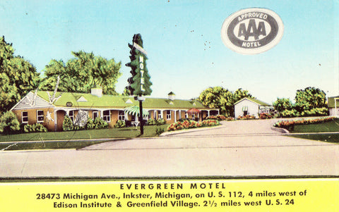 Evergreen Motel - Inkster,Michigan front of card.Low prices on vintage postcards