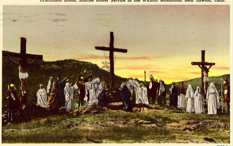 Vintage Postcard Front Crucifixion Scene,Sunrise Easter Service in The Wichita Mts. near Lawton,Oklahoma