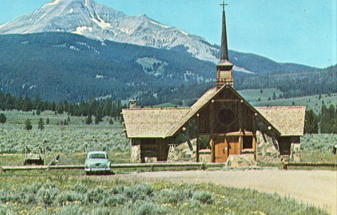 Vintage postcard front Soldier's Memorial Chapel and Lone Mountain - Gallatin Canyon,Montana