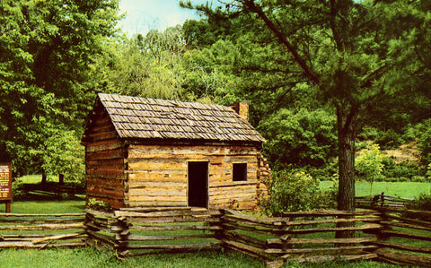 Front of vintage postcard.Abraham Lincoln's Boyhood Home,Knob Creek - Hodgenville,Kentucky