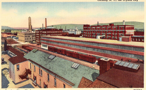 Linen postcard front. Corning Glass Works - Corning,New York 