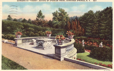 Linen postcard front. Gardens at "Yaddo",Estate of Spencer Trask - Saratoga Springs,N.Y.