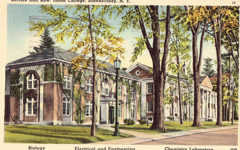 Linen postcard front. Lecture Hall Row,Union College - Schenectady,New York