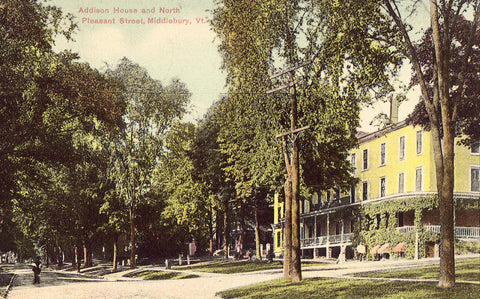 Vintage postcard front - Addison House and North Pleasant Street - Middlebury,Vermont