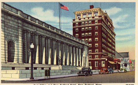 Linen postcard front - Post Office and New Bedford Hotel - New Bedford,Massachusetts