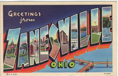 Greetings from Zanesville,Ohio - Large Letter Linen Postcard Post Card - 1