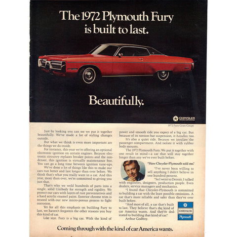 Vintage 1971 Print Ad for The 1972 Plymouth Fury - Wall art