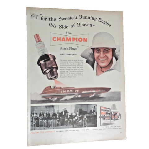 Vintage Print Ad -1952 for Champion Spark Plugs w/ Guy Lombardo and Carter's