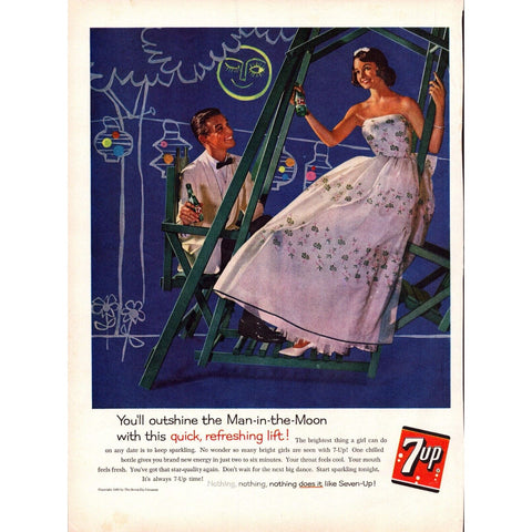Vintage Print Ad -1960 7-Up Man and Woman on Swing