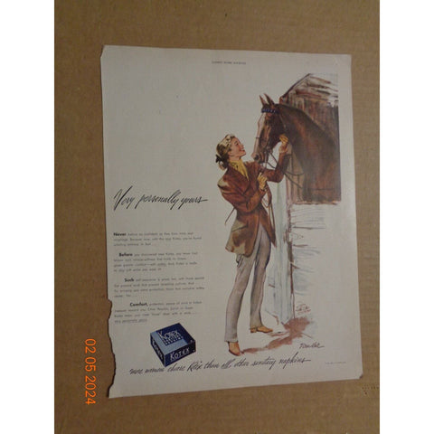 Vintage Print Ad -1948 for Kotex Sanitary Napkins - Woman with Horse