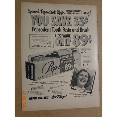 Vintage Print Ad -1951 for Pepsodent Toothpaste and Aquamarine Deodorant