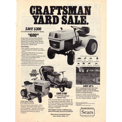 Vintage 1982 Print Ad for Sears Craftsman Lawn Tractors