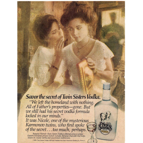Vintage 1978 Print Ad for Twin Sisters Vodka and California Brandy