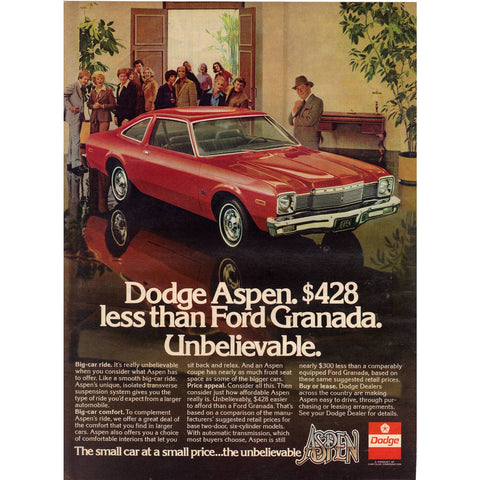 Vintage 1977 Print Ad for Dodge Aspen