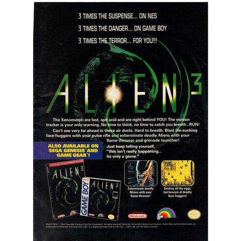 Vintage 1993 Print Ad for Alien 3 - Nintendo