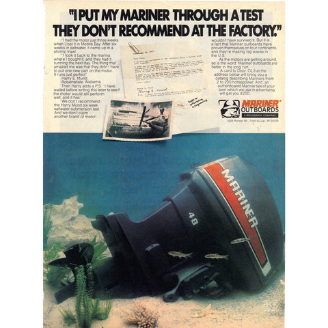 Vintage 1980 Print Ad for Mariner Outboard Motors and John Deere Lawn Mowers
