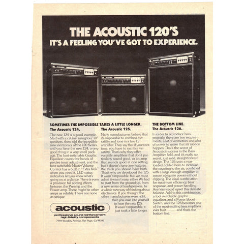 Vintage 1977 Print Ad for Acoustic 120's Amps