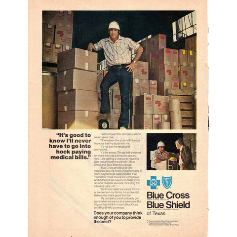 Vintage 1976 Print Ad for Blue CRoss and Blue Shield of Texas