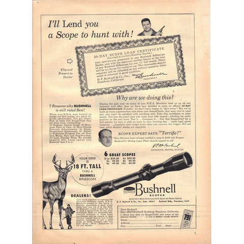 Vintage 1955 Print Ad for Bushnell Rifle Scopes