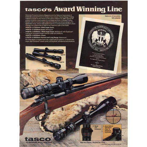 Vintage 1981 Print Ad for Tasco Rifle Scopes and Camel Cigarettes