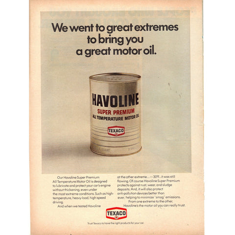 Vintage 1971 Print Ad for Havoline Motor Oil by Texaco - Wall Art
