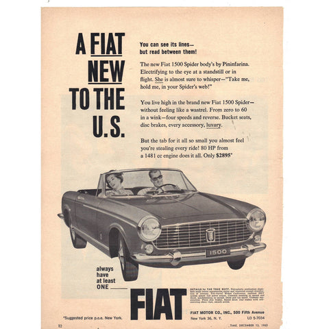 Vintage 1963 Fiat 1500 Spider Print Ad