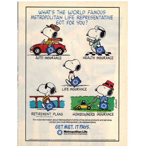 Vintage 1985 Metropolitan Life Print Ad w/Snoopy