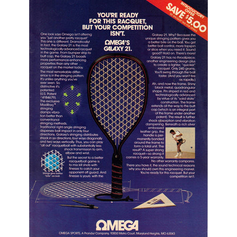 Vintage 1981 Print Ad for Omega Racquetball Racquet
