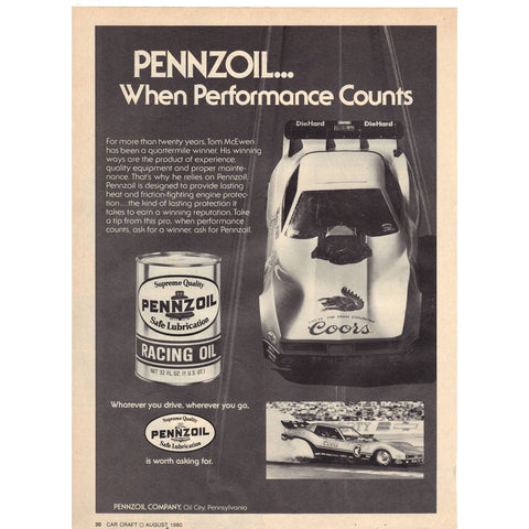 Vintage 1980's Print Ad for Pennzoil Racing Oil
