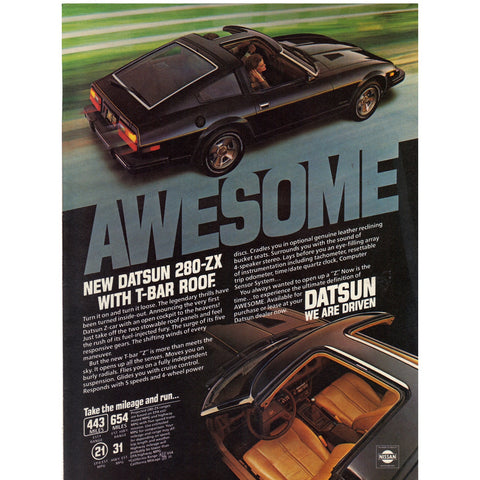 Vintage 1980 Print Ad for Datsun 280-ZX and Seagram's V.O.