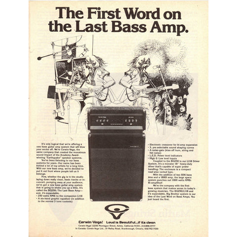 Vintage 1977 Print Ad for Cerwin-Vega BG250 Bass Amps