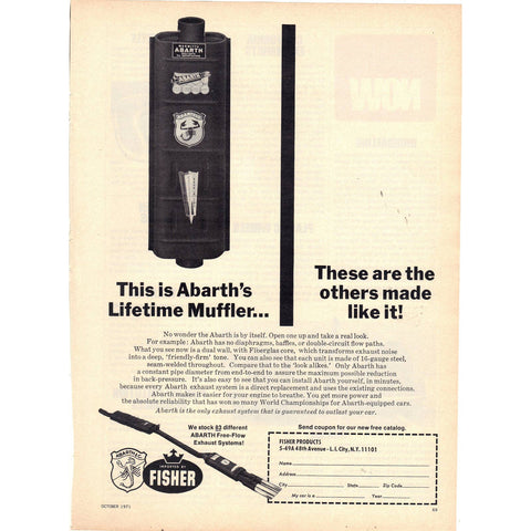 Vintage 1971 Print Ad for Abarth Lifetime Mufflers