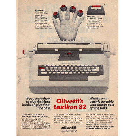 Vintage 1976 Olivetti's Lexicon 82 Electric Typewriter and Doral Cigarettes Print Ad