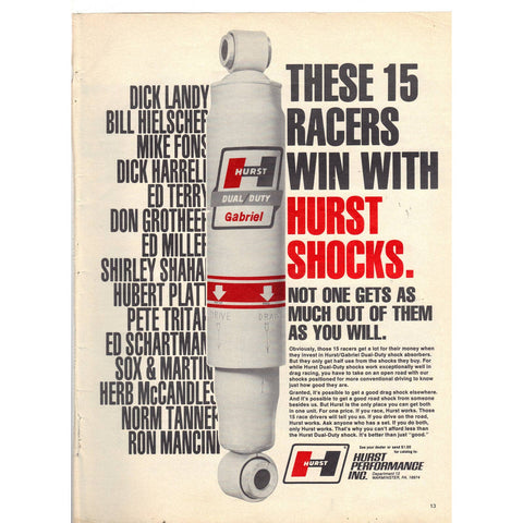 Vintage 1970 Print Ad for Hurst Shocks and Cragar Wheels