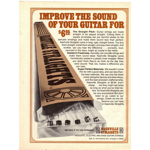 Vintage 1977 Print Ad for Nashville Straights Guitar Strings