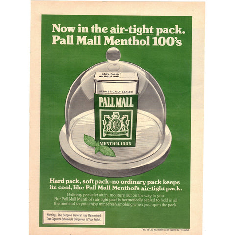 Vintage 1975 Print Ad for Pall Mall Menthol 100's Cigarettes