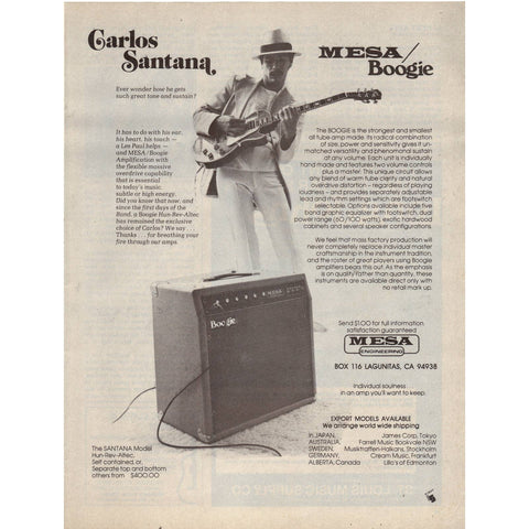 Vintage 1977 Print Ad for Mesa Boogie Guitar Amps w/Carlos Santana