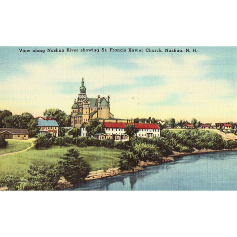 Linen Postcard - View along Nashua River showing St. Francis Xavier Church - Nashua,New Hampshire