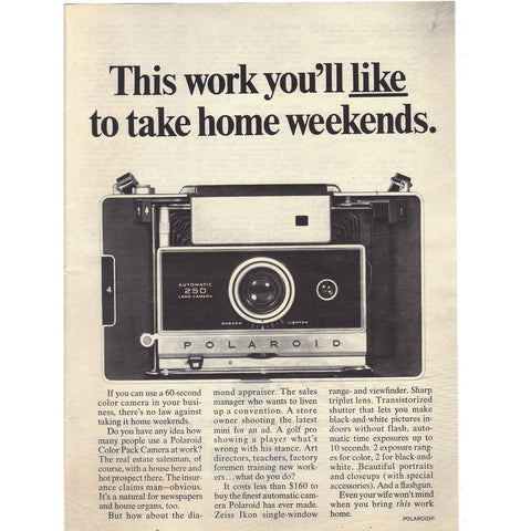 Vintage 1968 Polaroid Automatic 250 Camera and Gruen Watch Print Ad