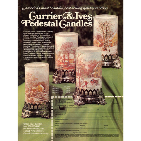 Vintage 1982 Print Ad for Currier & Ives Pedestal Candles