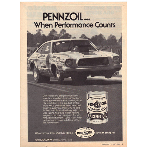 Vintage 1980 Print Ad for Pennzoil Racing Oil